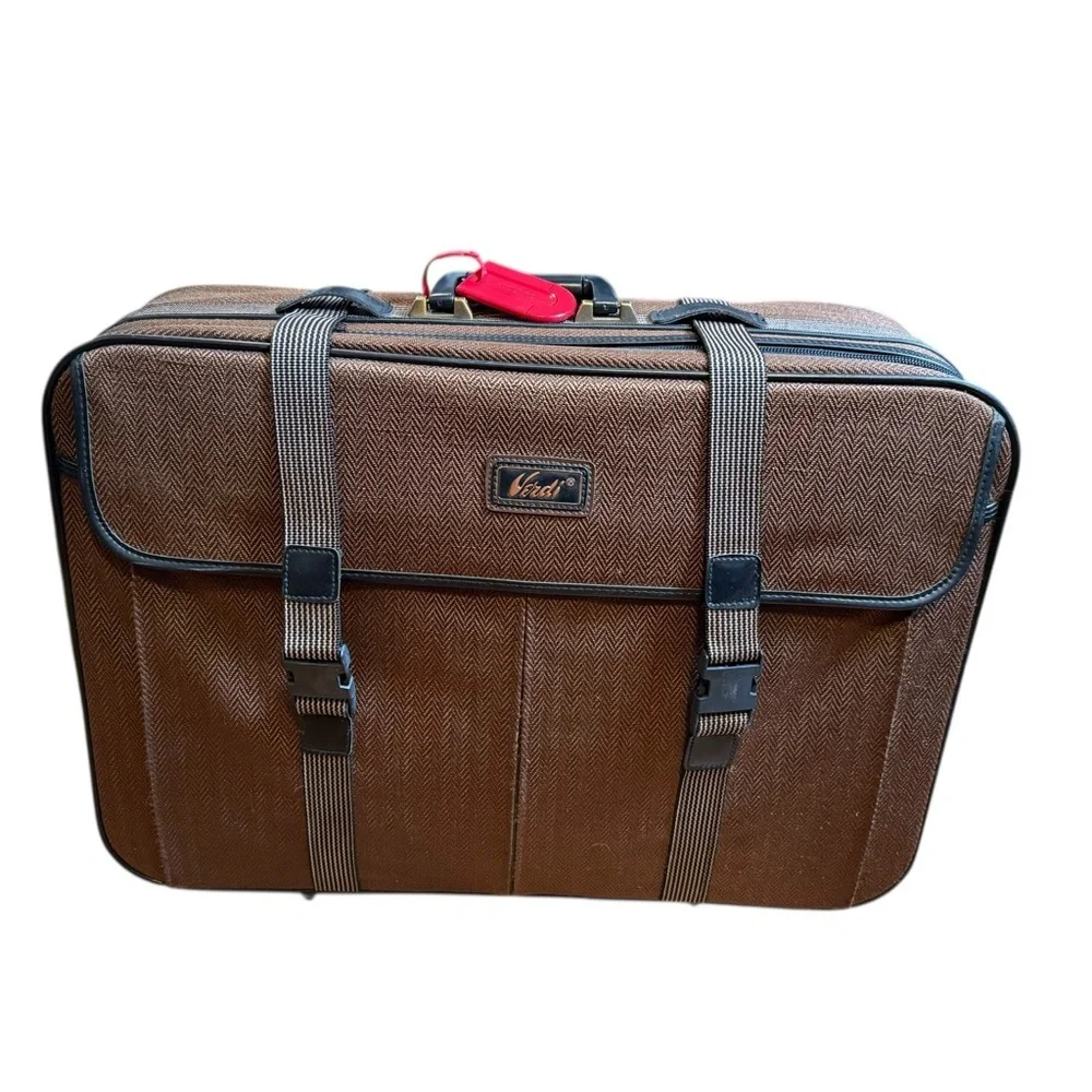 Verdi Brown Herringbone Carry-On Roller Suitcase bf